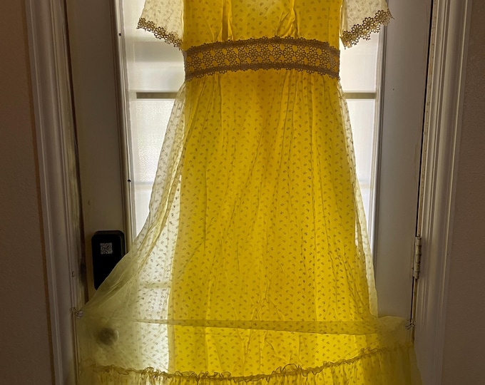 Cottage Core Prairie Yellow Long Maxi Sheer Daisy Dress Size S Vintage 1970s