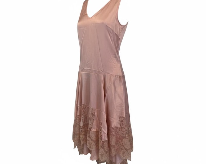 1920s-30s Pink Lace Flapper Art Deco Dress W Rhinestone Belt Handkerchief Hem