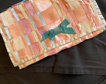 Woven 40s Silk Satin Pastel Ribbon Clutch/Lingerie Bag Vintage Bridal Velvet Bow