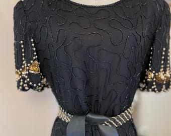 LBD w Beading and Sequin Detail Short Sleeves 100% Silk Size 8