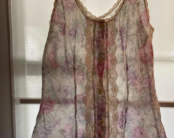 Camisole Vintage 1980s Barbizon Sheer Floral Cotton Blend Lace Button Up Size S
