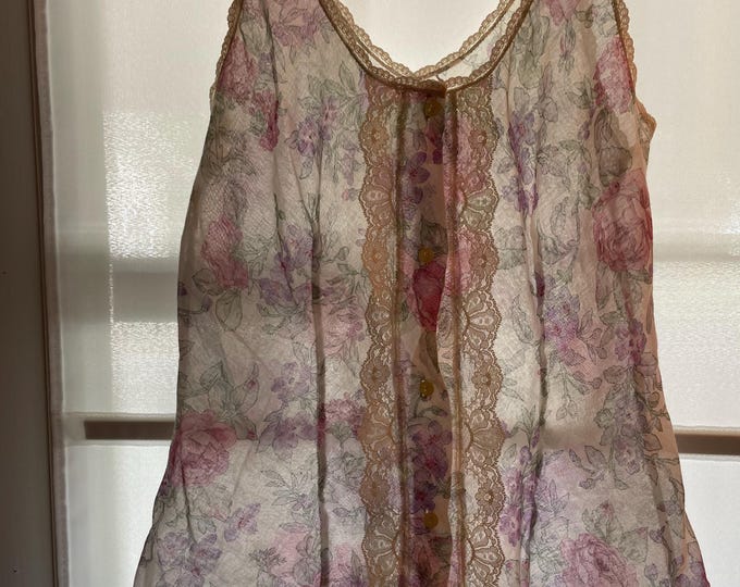 Camisole Vintage 1980s Barbizon Sheer Floral Cotton Blend Lace Button Up Size S
