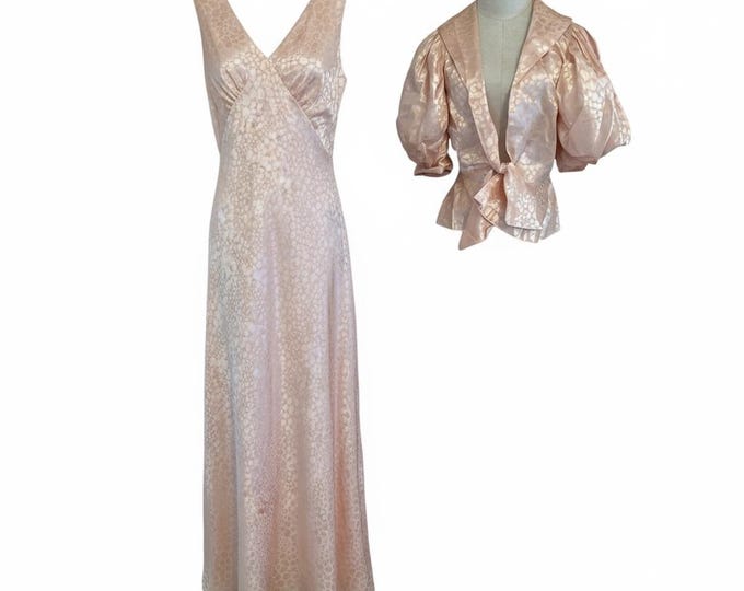 Vintage 1930s  Bias Cut Gown w Jacket Belt Corsage Old Hollywood Glamour. Peach Satin