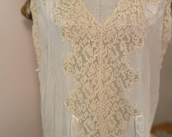Antique 1920s-30s Silk Chemise Slip in Ivory with Lace Trim  Ribbon Ties Size Medium