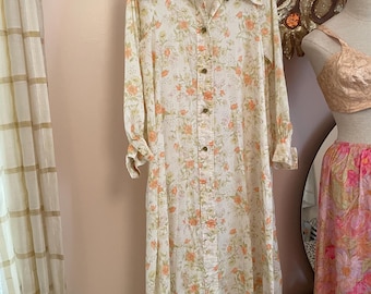 Vtg FullSweep Floral  Robe Duster Gown Stella Fagin 1970s  M Cottagecore Prairie