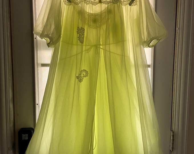 Vtg Sheer Negligee Gotham Gold Stripe Gown/Peignoir Set 2PC Med 50s Key Lime