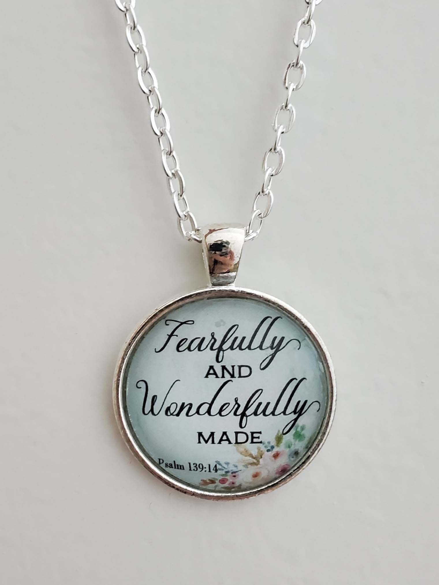 KJV Scripture Glass Pendant Necklace Fearfully and Wonderfully Made 1.5