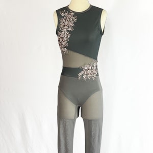 NEW Adult XS Dance Costume Grey Spandex and Mesh Unitard Embellished with Light Mauve 3D Beaded Floral Appliques