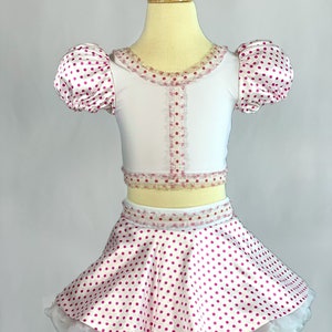 NEW Child XXS Dance Costume White and Pink Polka Dot 2-Piece with Attached White Ruffle Petticoat
