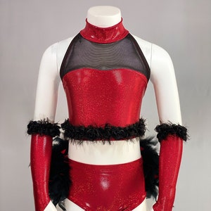 NEW Child Medium Dance Costume Black and Red Shatter Glass Spandex with Black and Red Feather Bustle Gloves Included