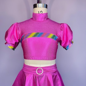 NEW Child Medium Dance Costume Hot Pink and Rainbow Mystique Spandex Top and Skirt Embellished with Rhinestone Ring