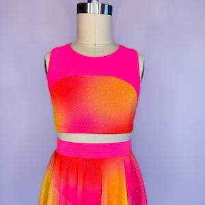 NEW Child Large Dance Costume Pink, Orange and Yellow Sparkle Tie Dyed Mesh Top and Skirt