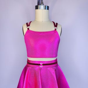 NEW Child Small Dance Costume Hot Pink Mystique Spandex Top and Skirt Embellished with Rhinestone Rings