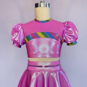 NEW Child Small Dance Costume Hot Pink and Rainbow Mystique Spandex Top and Skirt Embellished with Rhinestone Ring