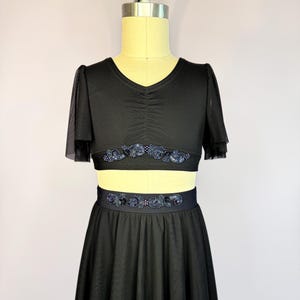 NEW Child Intermediate Dance Costume Black Mesh and Spandex Top and Skirt Embellished with 3D Beaded Applique