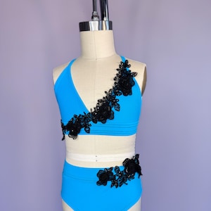NEW Child Small Dance Costume Turquoise 2-Piece Embellished with Black 3D Sequined Appliques and Jet Rhinestones