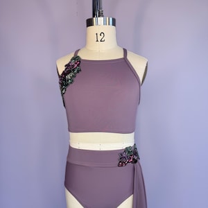 NEW Child Medium Dance Costume Mauve Spandex 2-Piece Embellished with Sequin and Beaded Appliques