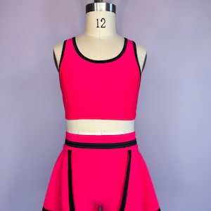 NEW Child Medium Dance Costume Hot Pink Spandex Top and Skirt Trimmed with Black