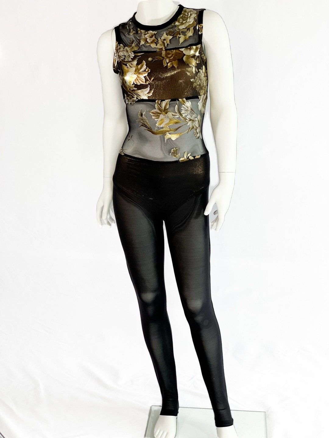 New Dance Costume Black and Gold Floral Print Mesh Unitard Etsy