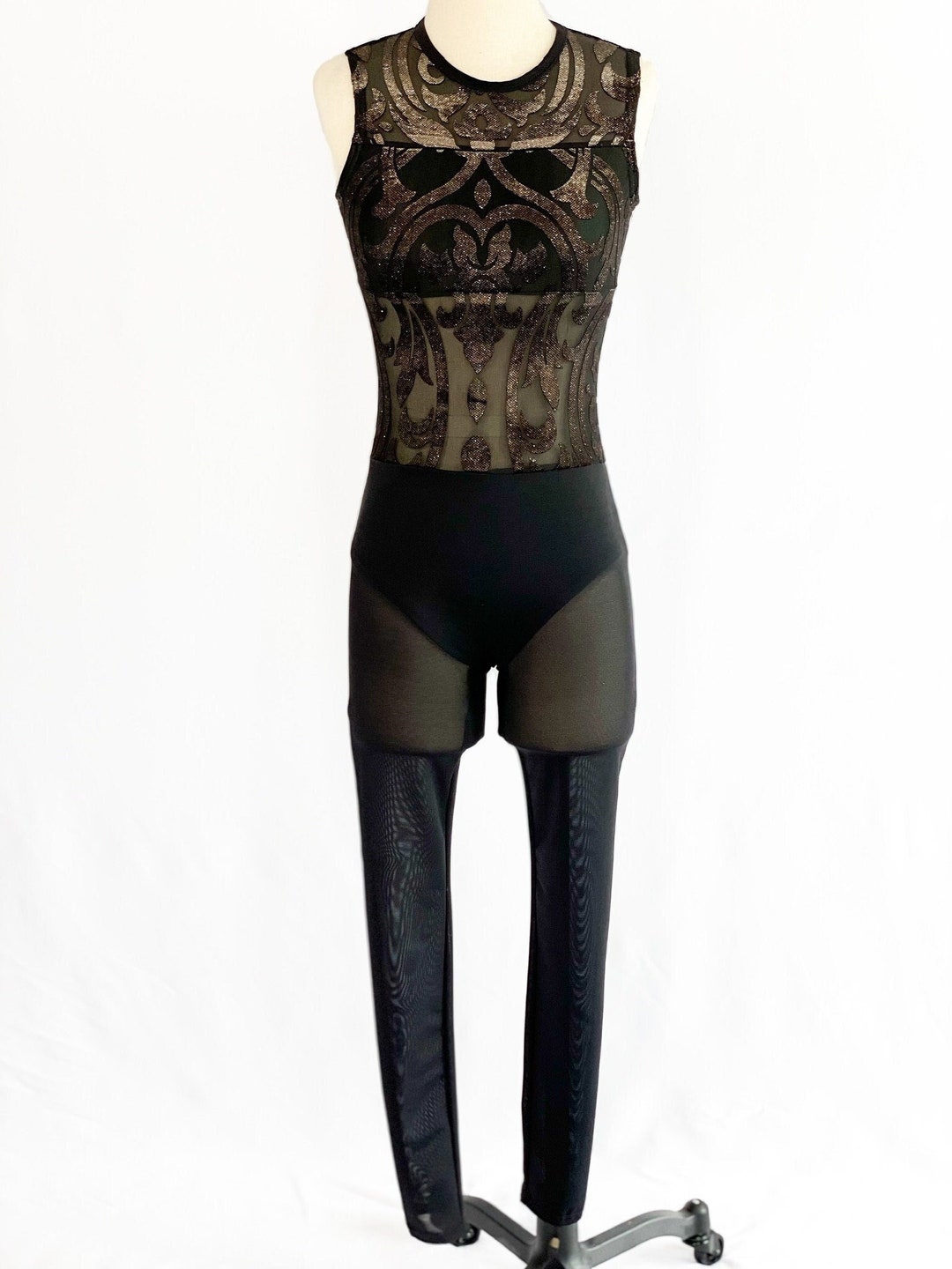 New Dance Costume Black and Gold Muted Fleur De Lis Patterned Mesh Unitard Etsy