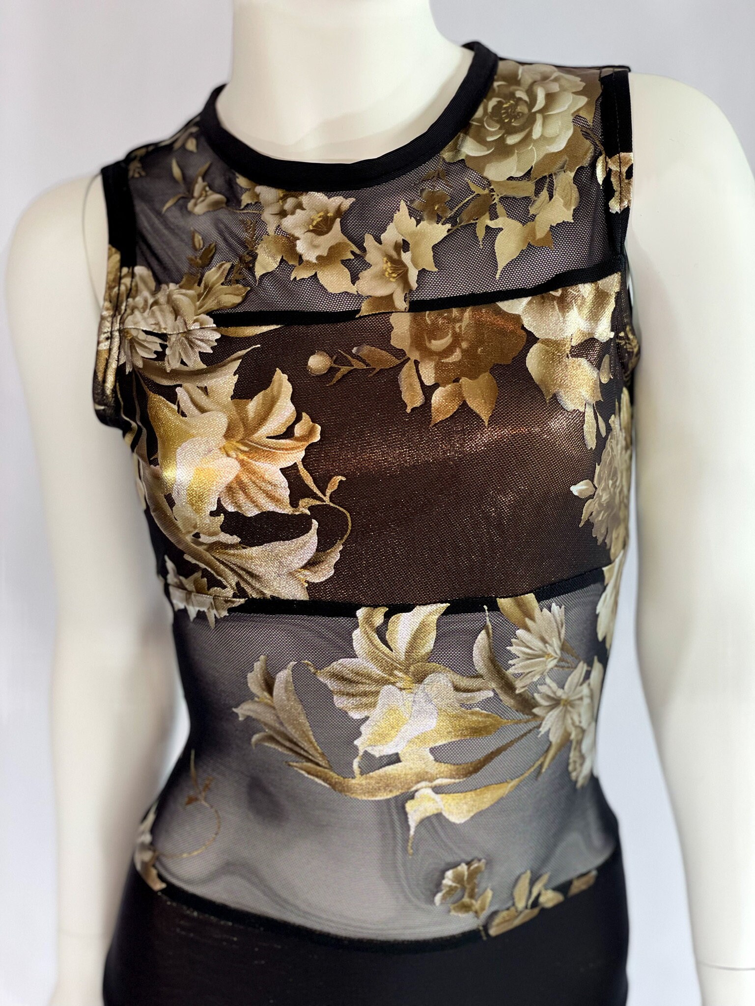 New Dance Costume Black and Gold Floral Print Mesh Unitard Etsy