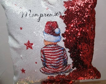 Coussin sequin rouge premier Noël