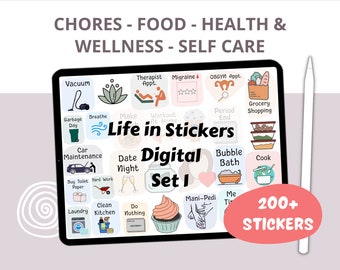 Life in stickers, everyday digital planner stickers goodnotes, wellness stickers, self care stickers, chores stickers, functional planner