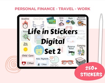 Life in stickers, digital planner stickers goodnotes, budget planner stickers, functional planner stickers, travel digital stickers, work