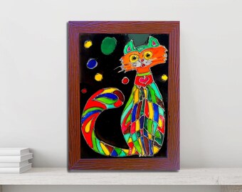 ステンドグラス風の猫の絵：カラフルな猫の壁掛けアート（9×7インチ）