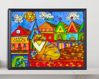 Magische Katze Wanddekoration: Handbemalte Glasmalerei mit Ingwer Katze und Stadt Motive