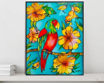 オウムのステンドグラスプリントセット：鮮やかな鳥の絵5枚（デジタル