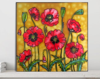 RED POPPY ART, Glass painting, Pressed flower art, Stained glass panel, Floral glass art,  California poppy art