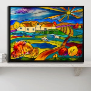 ステンドグラス絵画：オリジナル風景画「村」（14 x 11インチ）