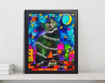 ステンドグラス風の黒猫の絵：カラフルな猫の壁掛けアート
