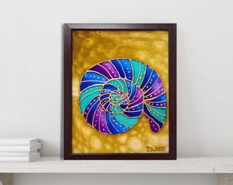 Seashell Stained Glass Painting: Coastal Beach Wall Art