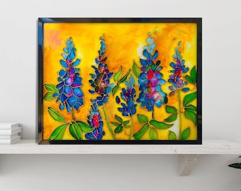テキサスブルーボネットのガラス絵、野の花の壁飾り、ルピナスのステンドグラスアート