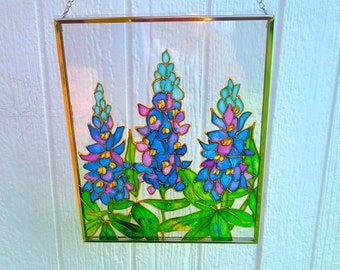 Bluebonnet Suncatcher, Vibrant Hand-painted  Art, Texas State Flower Decor, Window Ornament
