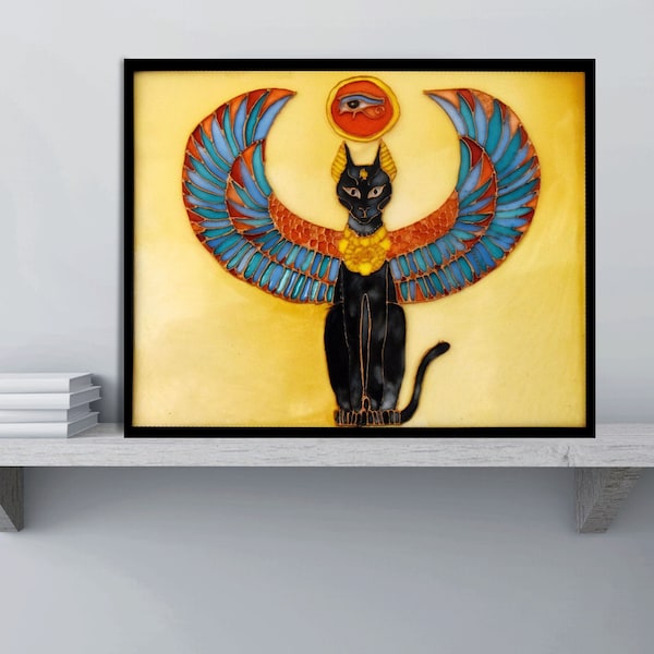 Stained glass painting, home decor, Egyptian cat.