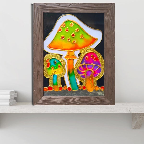 FOLK ART Mushroom Painting, Stained glass panel, Glass painting,  wall art, fly agaric Mushroom,  Window décor office, magic Mushroom