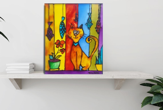 Ginger Cat Stained Glass Painting: Whimsical Cat Wall Art