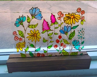suncatcher stained glass meadow  flowers, Sun catcher Pink Flower, Botanical Home Décor pressed flowers