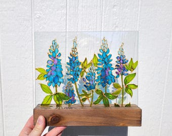 Texas Bluebonnet Suncatcher Window Hanging, Wildflower Stained Glass