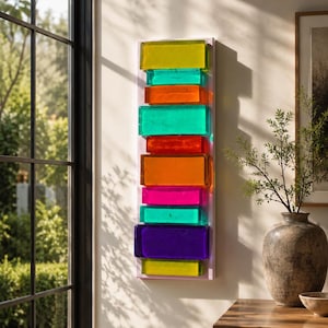 Handgjord väggkonst i epoxiharts | Färgglada geometriska block, modern abstrakt skulptur