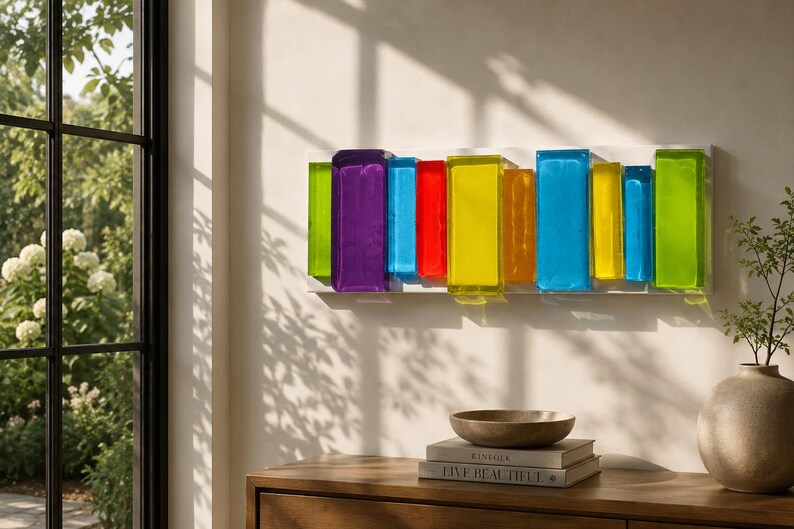 Cyan Pattern Block Handmade Epoxy Resin Wall Art | Geometric Rainbow Abstract Sculpture ...