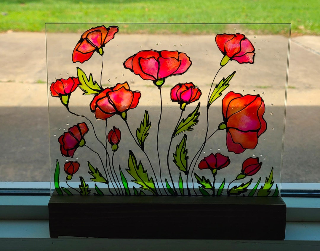 BOXCASA Vitrail à Suspendre En Forme De Coquelicot Rouge à Suspendre Pour Fenêtre, Cadeau Sur Le Thème De L'attrape-soleil Pour Les Femmes Amateurs De Fleurs