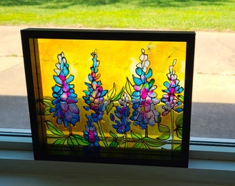 Texas Bluebonnet Glass Painting,  Meadow Flowers Window Ornament, Stained Glass Lupine Art