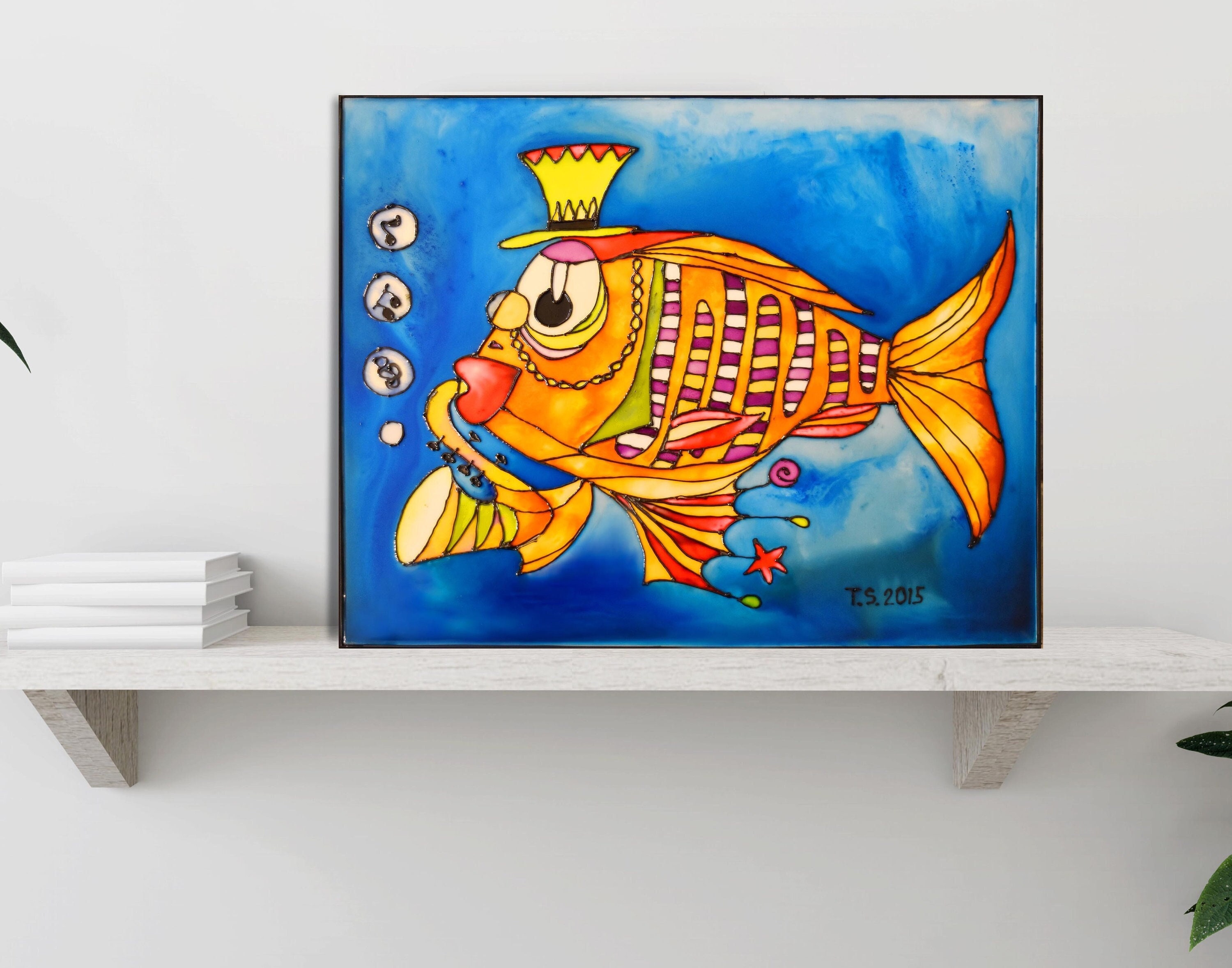 Stained Glass Fish Painting: Saxophone Fish Wall Art (11x14 Inches