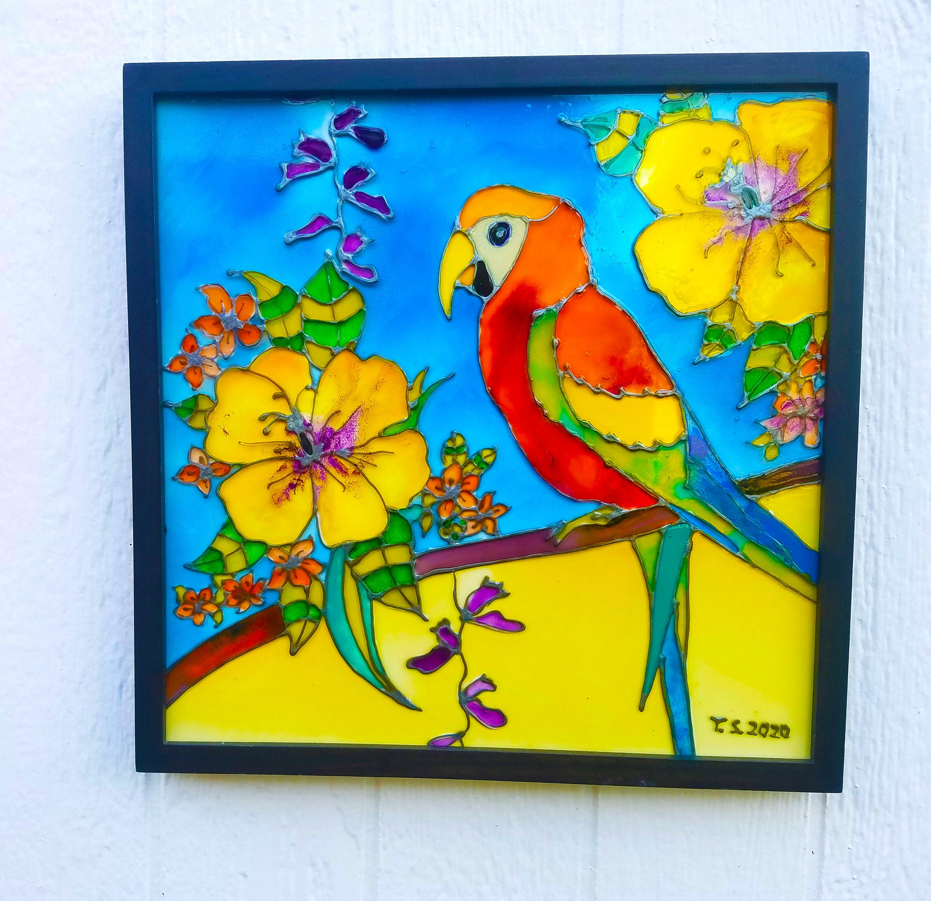 虹色のオウムのステンドグラス絵画：熱帯の鳥のアート装飾（12 x 12
