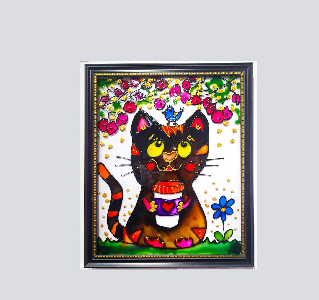 Stained Glass Cat Art – Whimsical Colorful Kitty, Handmade Wall Decor ...