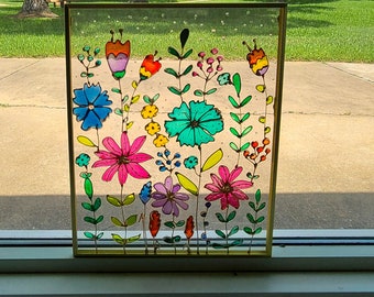 野の花のガラス絵画：3Dステンドグラスの窓アート - Etsy 日本